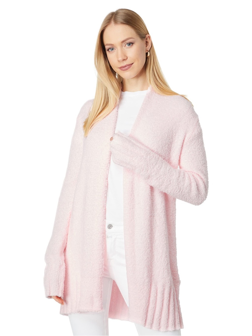 Cozy Open-Front Pink Plush Cardigan Sweater